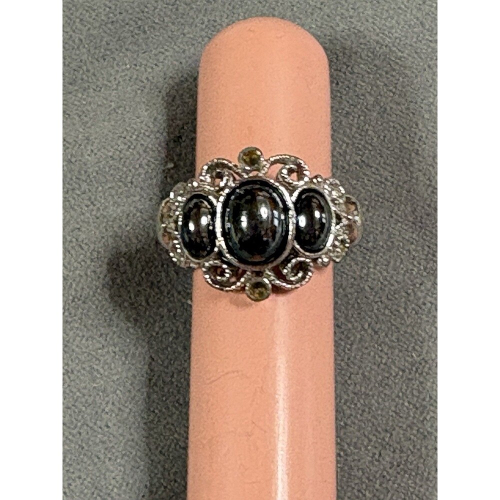 Vintage Avon Midnight Splendor Ring Silver Tone Hematite Cabochon Size 6